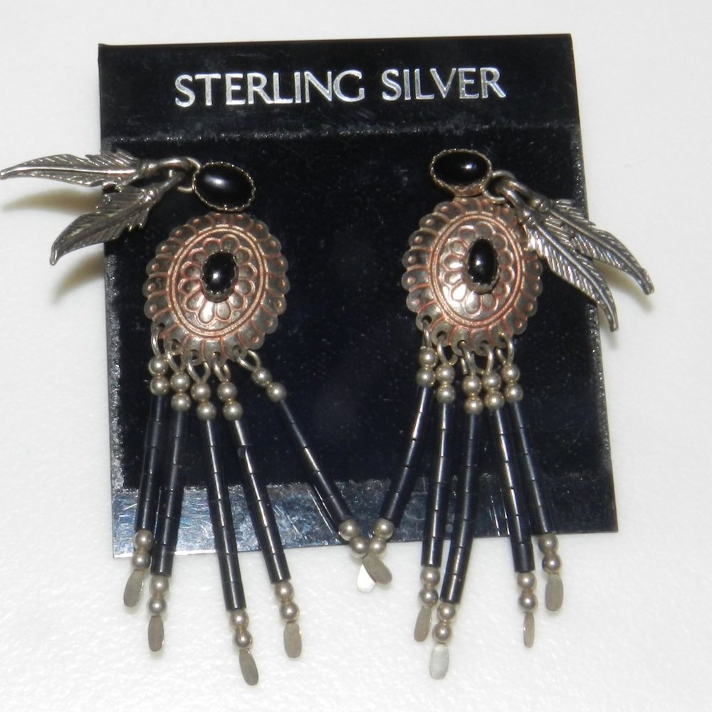 Pair Navajo Sterling Silver & Black Onyx Earrings